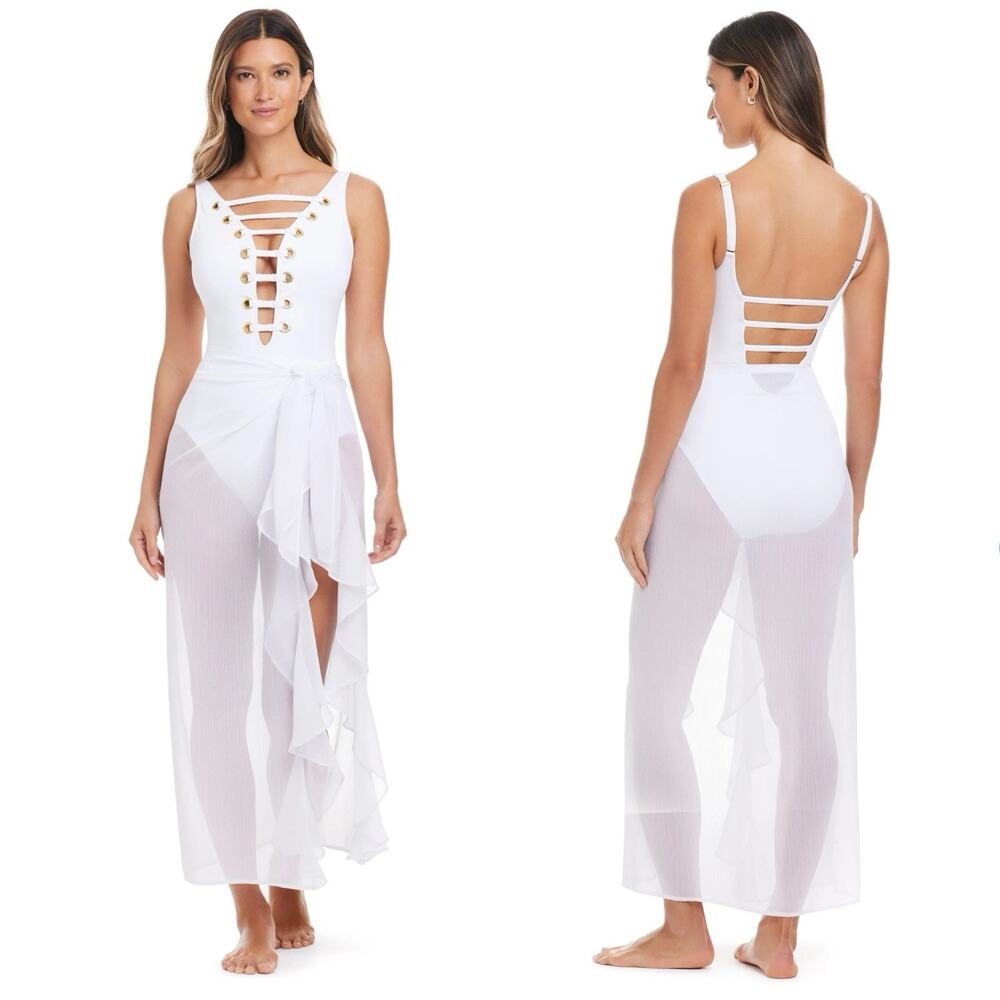Bleu Rod Beattie Ruffle Tie Waist Sarong Cover Up 100% Polyester White S